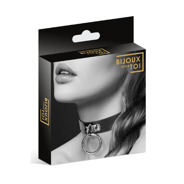 Collier en cuir noir SM avec anneau métal argenté pour laisse 